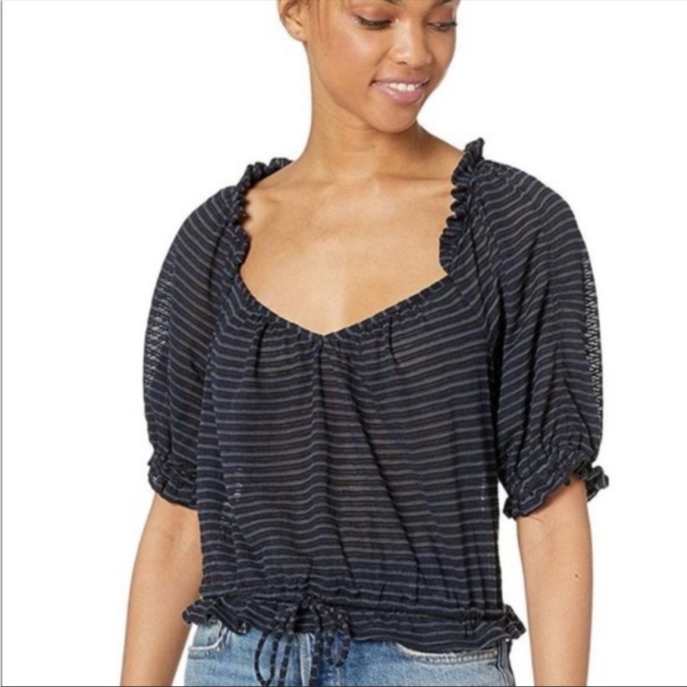 NWT Free People Dorothy Black Striped Tie Blouse Top Size XS Boho